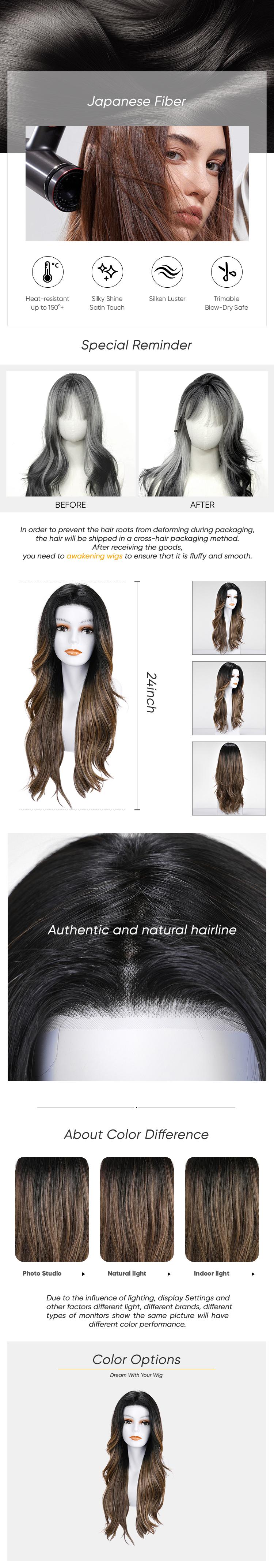 Okley C-DWY Mono Lace Front Free Part Long Wavy Rooted Brown with Highlights Glueless Synthetic Wig for Women 24 Inches