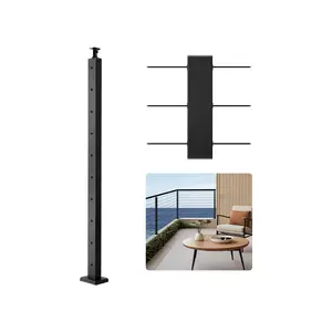 1-Pcs 36" Stainless Steel Cable Railing Post – Horizontal-Hole Deck Post with Pre-Drilled Holes & Curved Bracket, Black