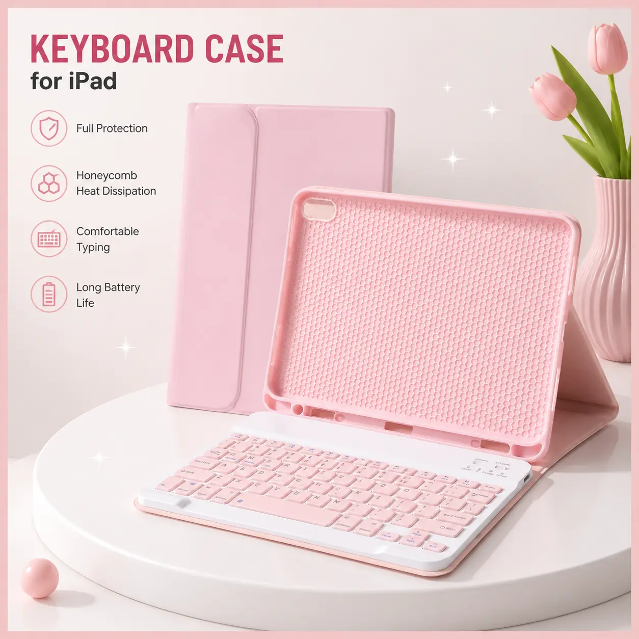 iPad Case with Detachable Bluetooth Keyboard – Compatible with iPad 11th Gen (A16, 2025) 11” & 10th Gen (2022) 10.9”, Pink, Pencil Holder, Square Keycaps