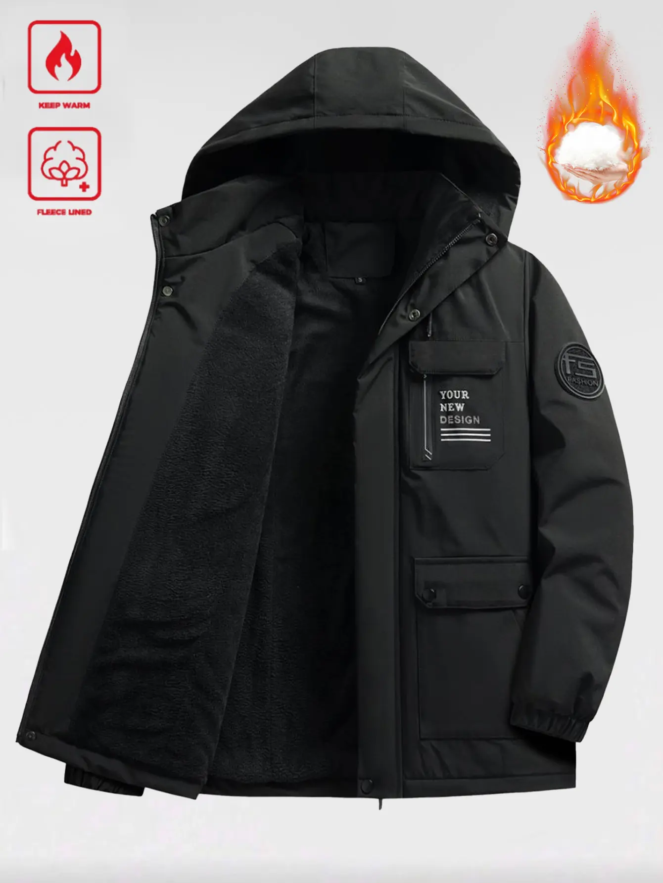Men's Plain Stylish Winter Cotton Coat - Thick-Lined Hoodie Jacket with Long Sleeves, Removable Zippered Hood, Hood Pocket, Adjustable Tie Cuffs, Button-Stand Collar, Suitable for Hiking, Casual Wear