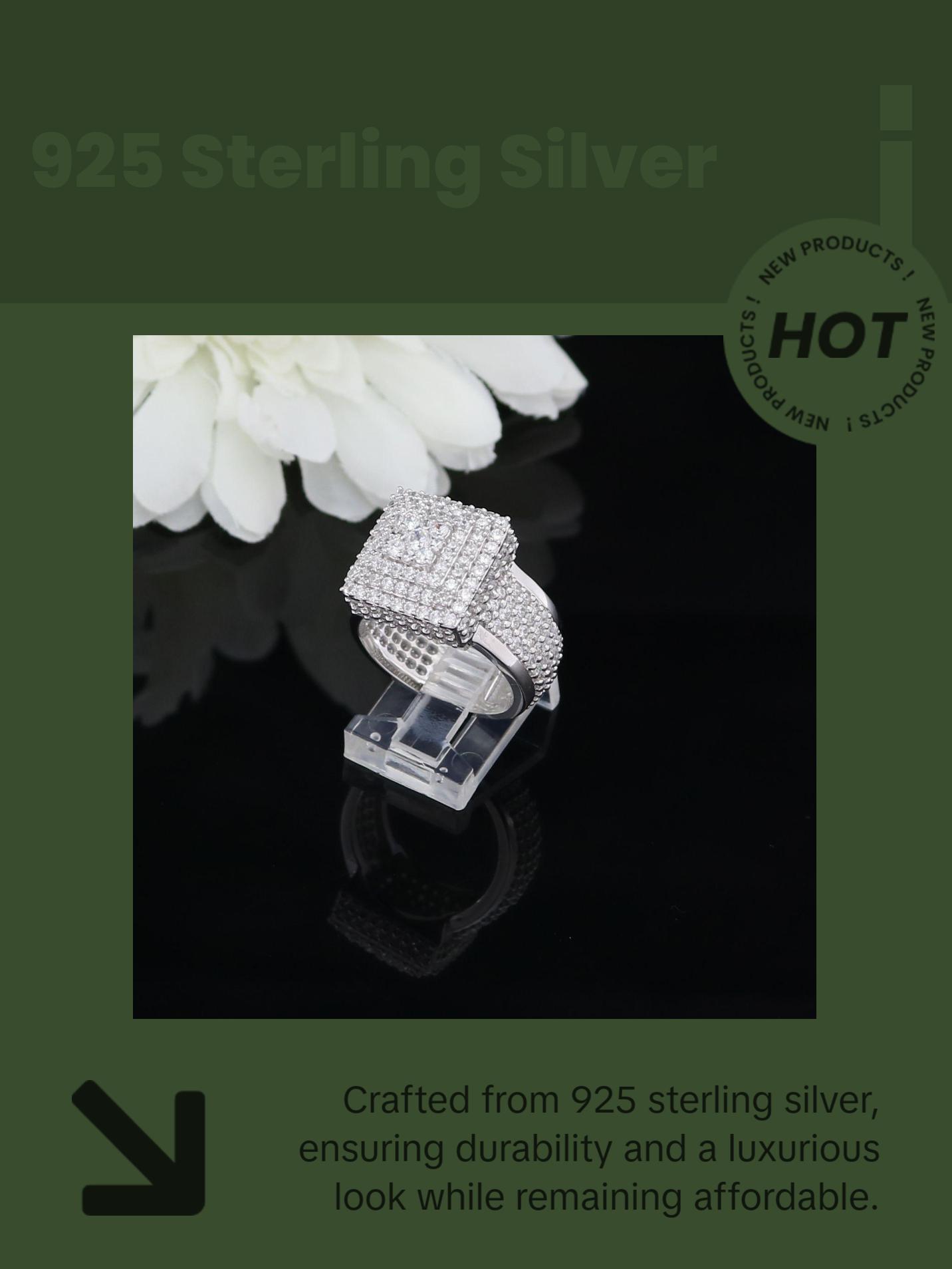 King Of Bling's 925 Silver White 8.50ct Cubic Zirconia Wide Square Fancy Unisex Ring Size 8