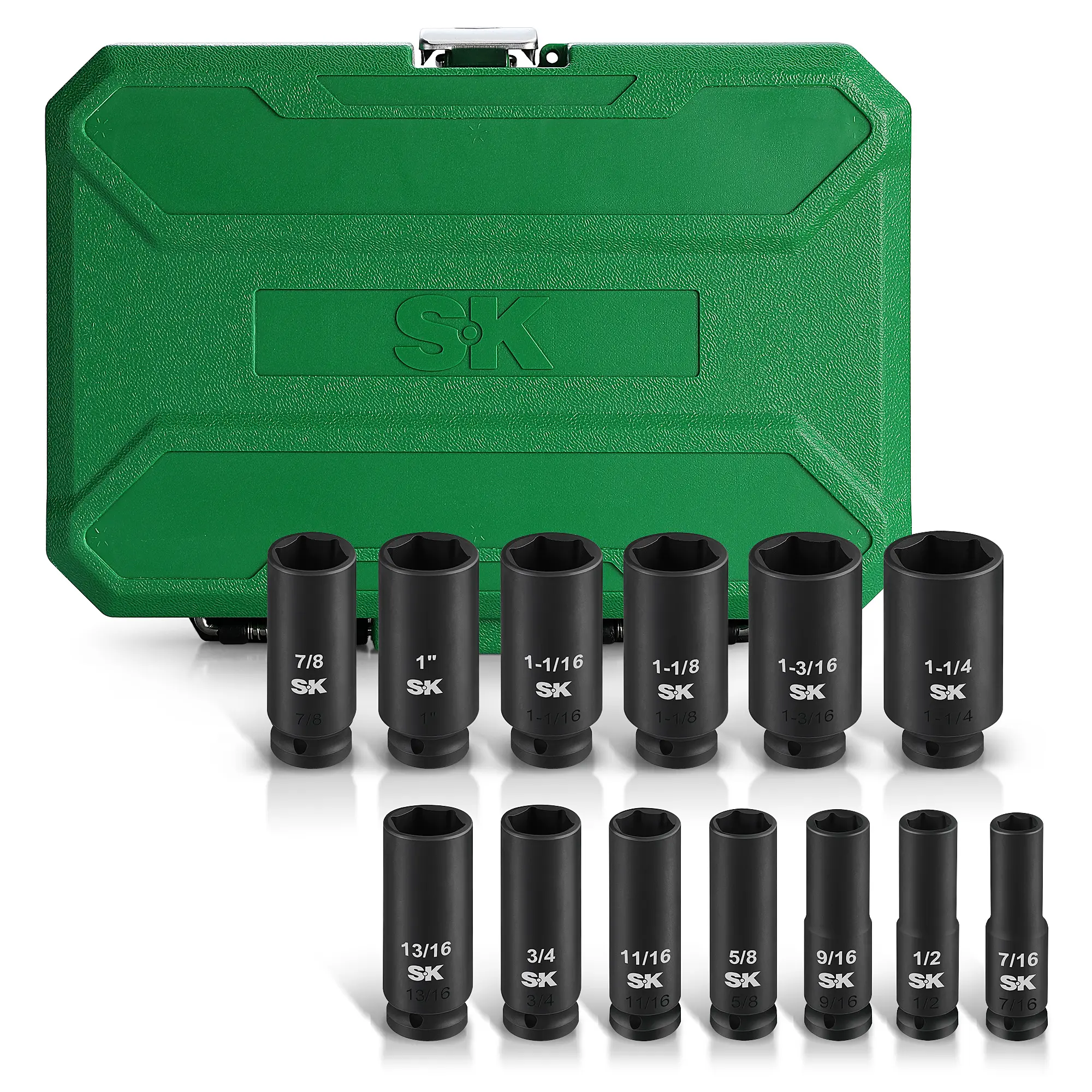 #backtoschool SK 1/2" Drive Impact Socket Set, Deep Metric & SAE Sockets, 13-Piece, Premium CR-MO Steel, SureGrip 6 Point Design, With Storage Case