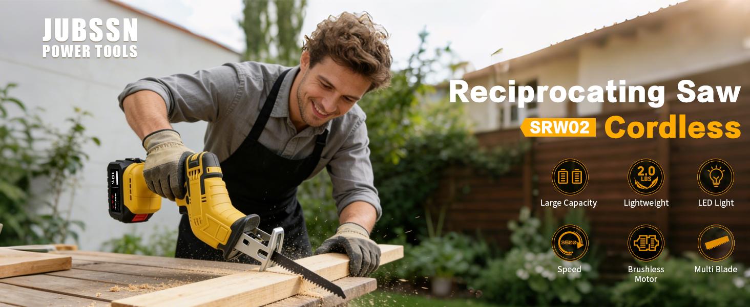 Cordless Reciprocating Saw, 0-3500 RPM Electric Saws with 4 Blades & 2 Batteries, Tool‑Free Change, Handheld Saw Lightweight, Battery Reciprocating Saws for Cutting Wood PVC Pipe (Yellow)