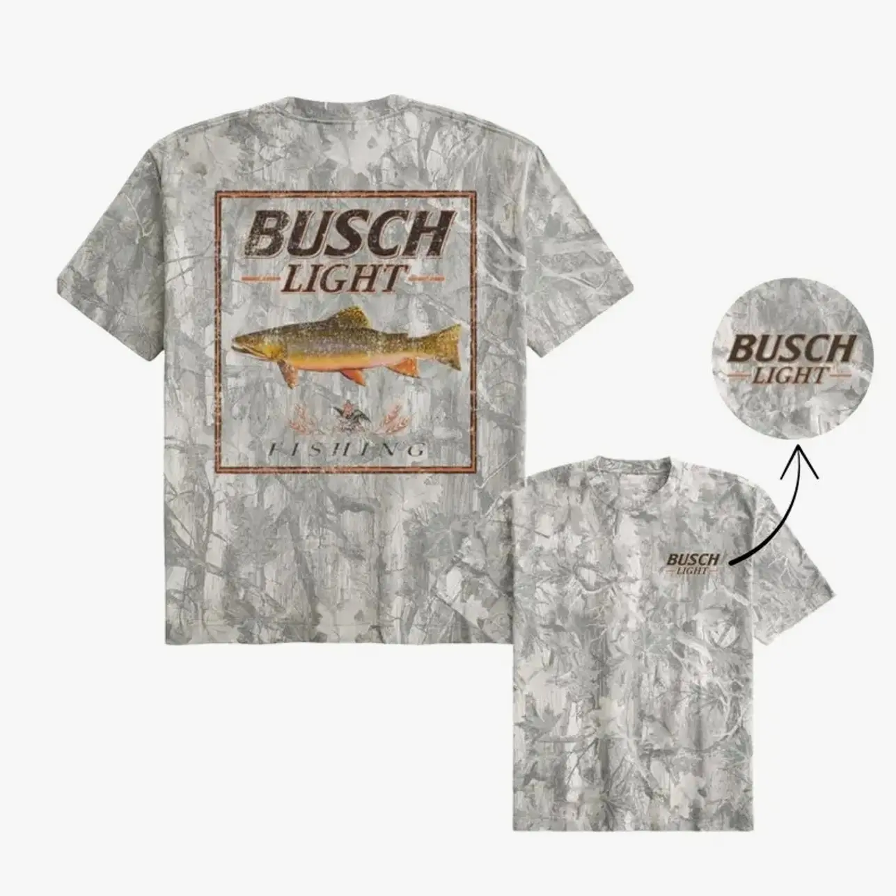 Men's Busch Light Camo Fishing T-Shirt - Lightweight Pique Fabric, Boxy Fit, Short Sleeve, Crew Neckline, Medium Size