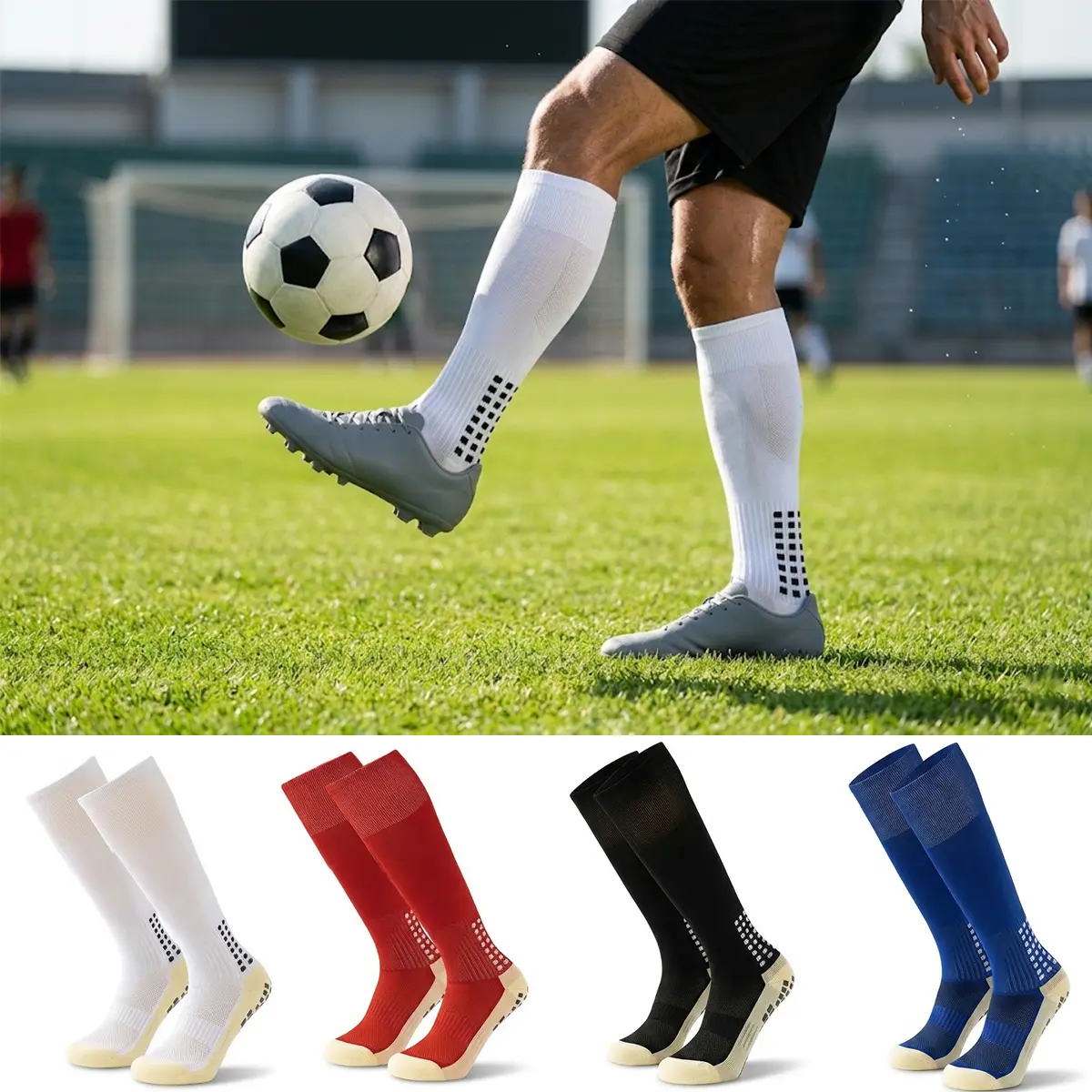 3Pairs Men’s Knee High Grip Soccer Socks – Non Slip Silicone Football Socks with Cushioned Towel Sole, Breathable Athletic Training Socks for Basketball, Running, Gym and Sports