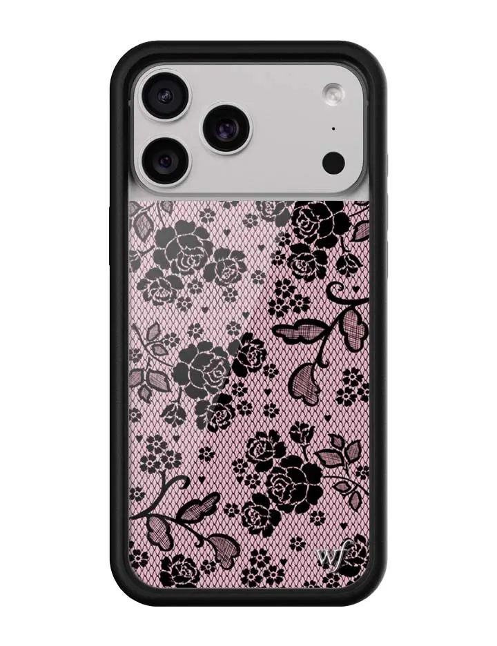 Lace Lover | Limited Edition Trendy Collab iPhone Case | Raised Protective Black Bumper | Women Owned Small Business | Vintage Black Lace and Roses Pretty Pink Background | Safety Casing Protective | Gift for Her