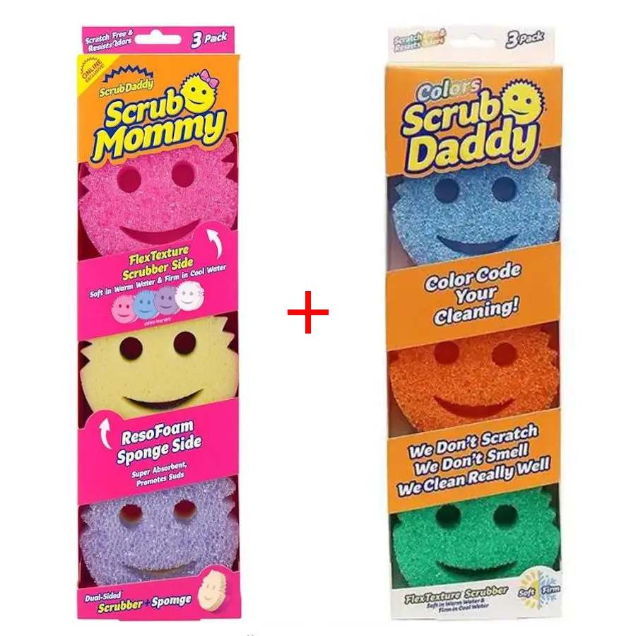 Scrub Daddy 6-Pack Kitchen Sponges & Scouring Pads Set - 3 Daddy, 3 Mommy BPA-Free Polymer Foam Cleaning Supplies, Scratch-Resistant, Odor-Resistant Kitchen Accessories for Multi-Task Clean of Dishes
