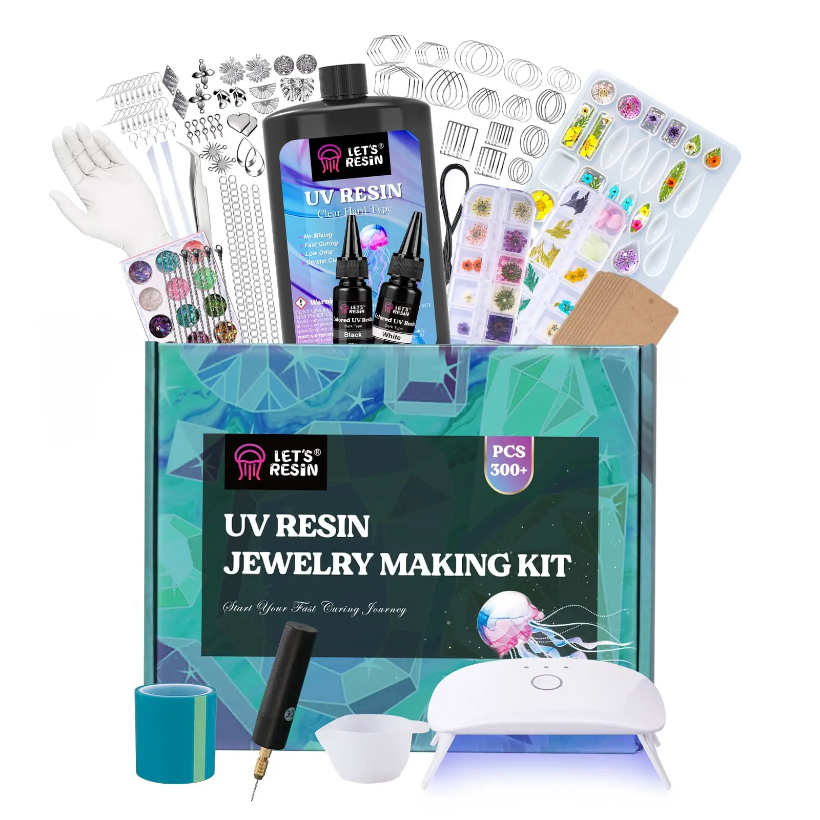 UV Resin Jewelry Making Kit, 300+Pcs Black White Clear UV Resin Kit with Light, Bonus Electric Drill Included, UV Resin Molds, Resin Starter Kit for Beginners, Keychain & Earring Making - LET'S RESIN