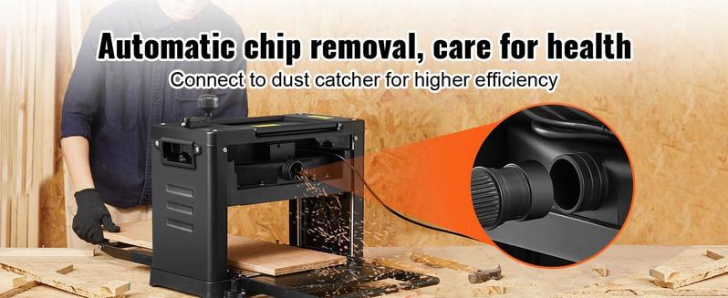 VEVOR Thickness Planer, Single Speed, 13" Width Worktable Benchtop Planer, Two-Blade, 15-Amp 1800W Powerful Motor, 12" Extended Infeeding Table, Low Noise for both hard & soft wood material removal