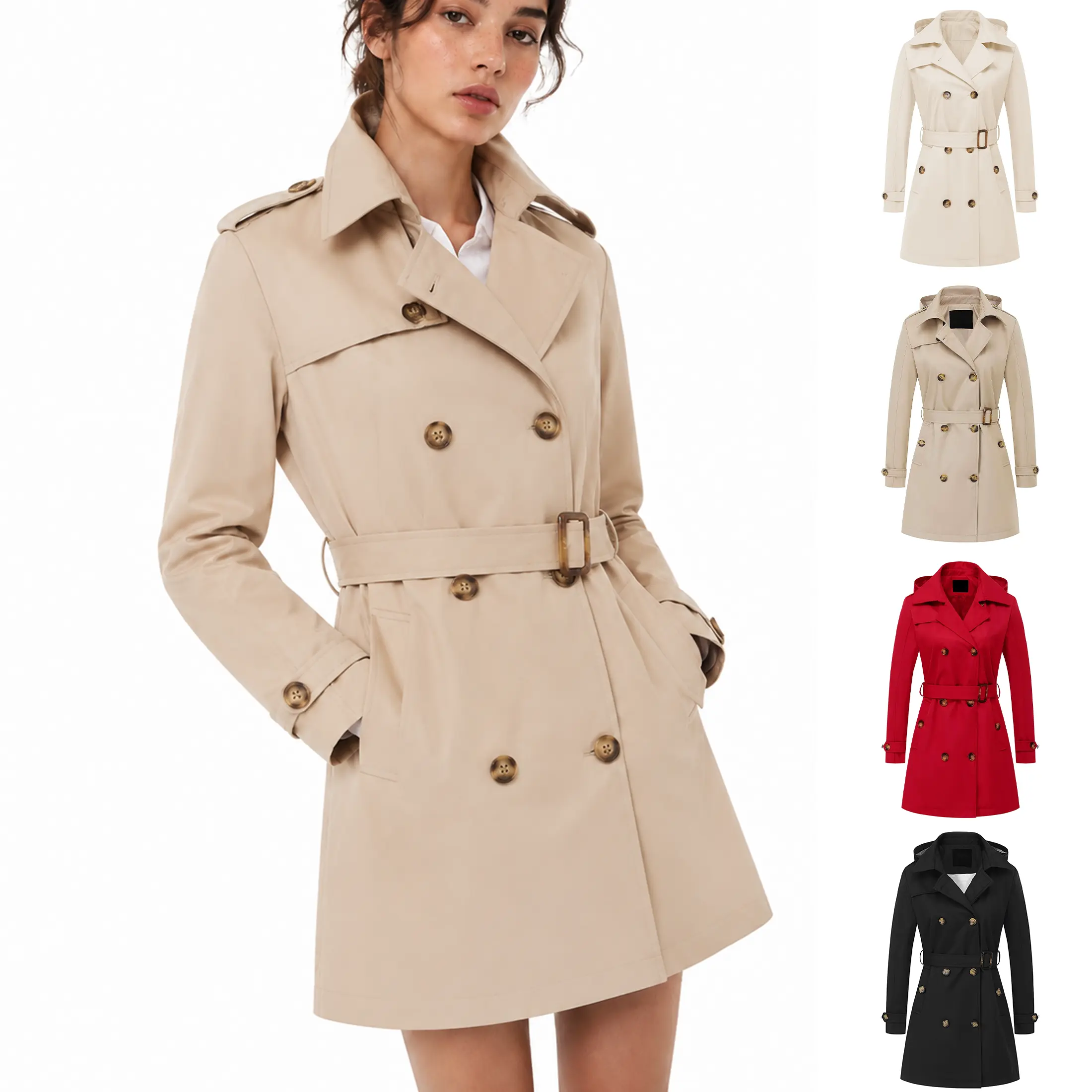 Buenoble Women's Detachable Hood Trench Coat Double Breasted Lapel Belted Slim Fit Mid-Length Overcoat Casual Fall Outerwear Jacket