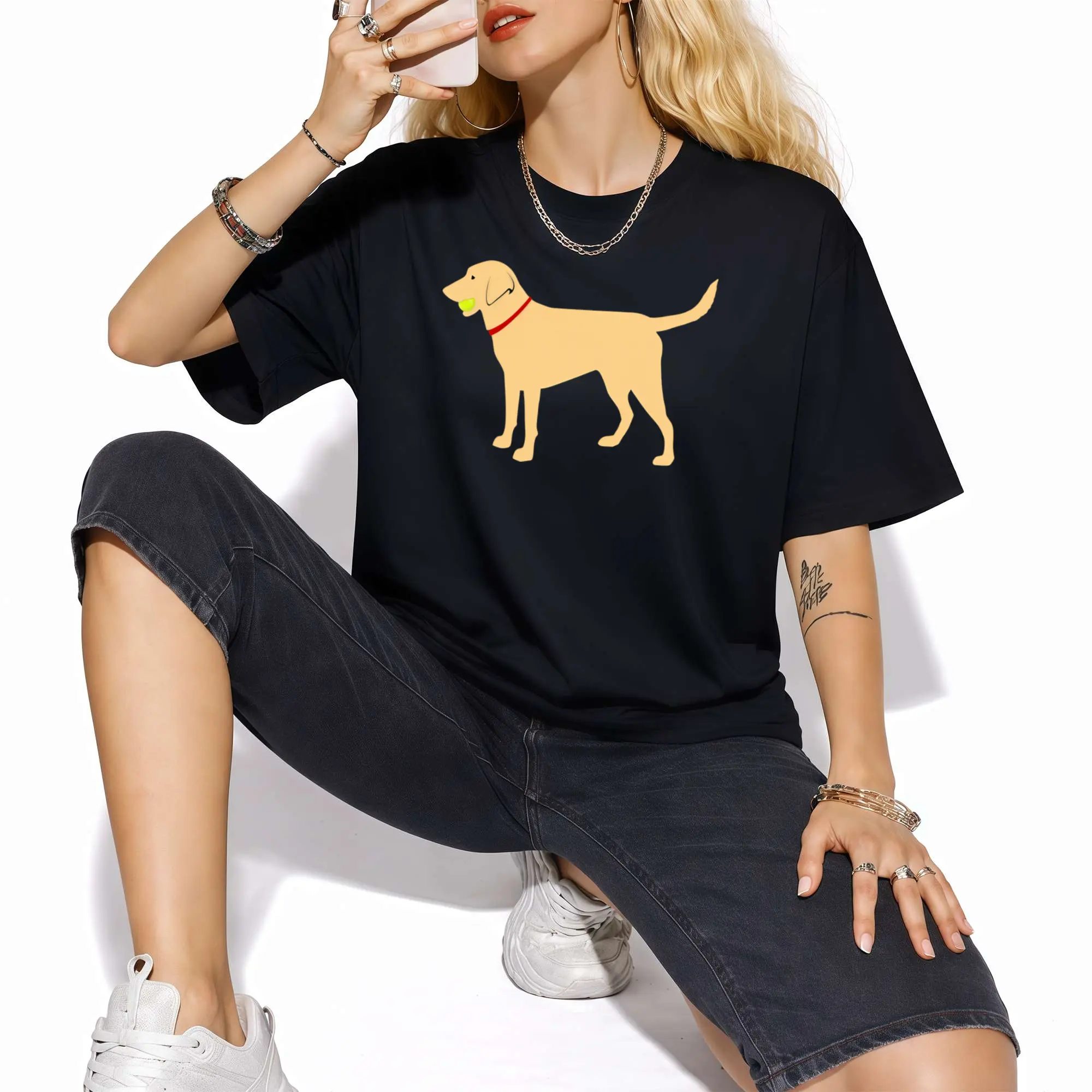 Women's Black 100% Cotton Short-Sleeve Round Neck Apparel - Retro Labrador Retriever Play Ball Graphic, Breathable Lightweight Regular Fit Casual Tops Tee for Dog Lovers