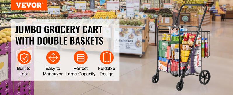 VEVOR Folding Shopping Cart, Jumbo Grocery Cart with Double Baskets, 360° Swivel Wheels, Heavy Duty Utility Cart, 110 LBS Large Capacity Utility Cart for Laundry, Shopping, Grocery, Luggage