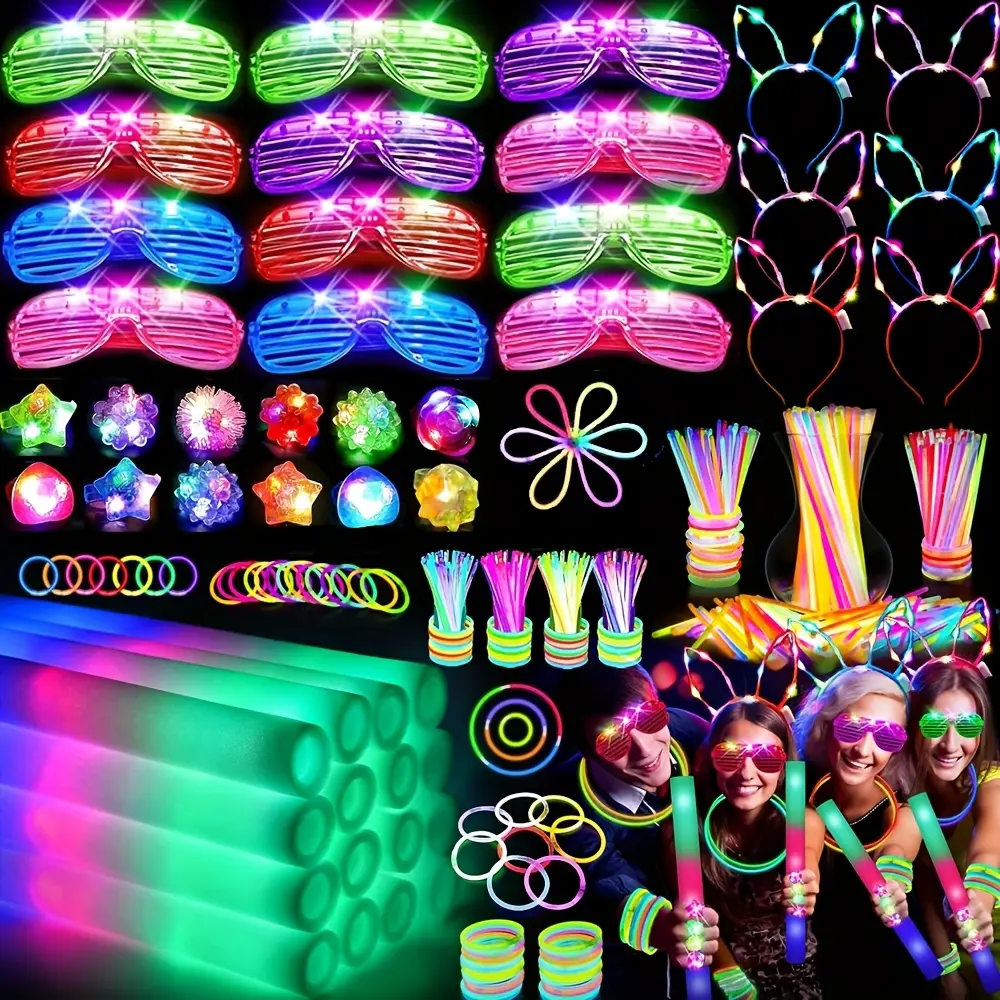 142 Pieces Light Up Party Set: 12 Pieces Foam Light Up Sticks, 12 Pieces LED Glasses, 100 Pieces Light Up Sticks, 12 Pieces Finger Lights, 6 Pieces Light Up Headbands for Weddings, Concerts, Raves, Birthday Parties, [graduation2026] [SummerVibes]