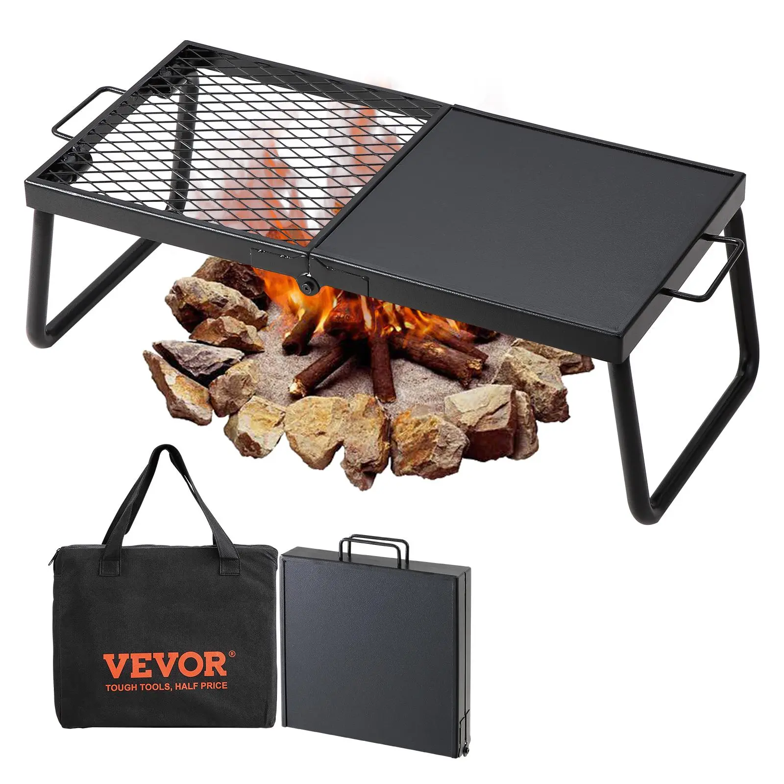 Outdoorgear Barbecue Grate, 22.4-inch Heat-Resistant Steel Portable Kitchen, Folding Half Grate & Griddle Combo for Open Flame Cooking with Carry Bag, Camping Accessories, Half Grill/Half Griddle