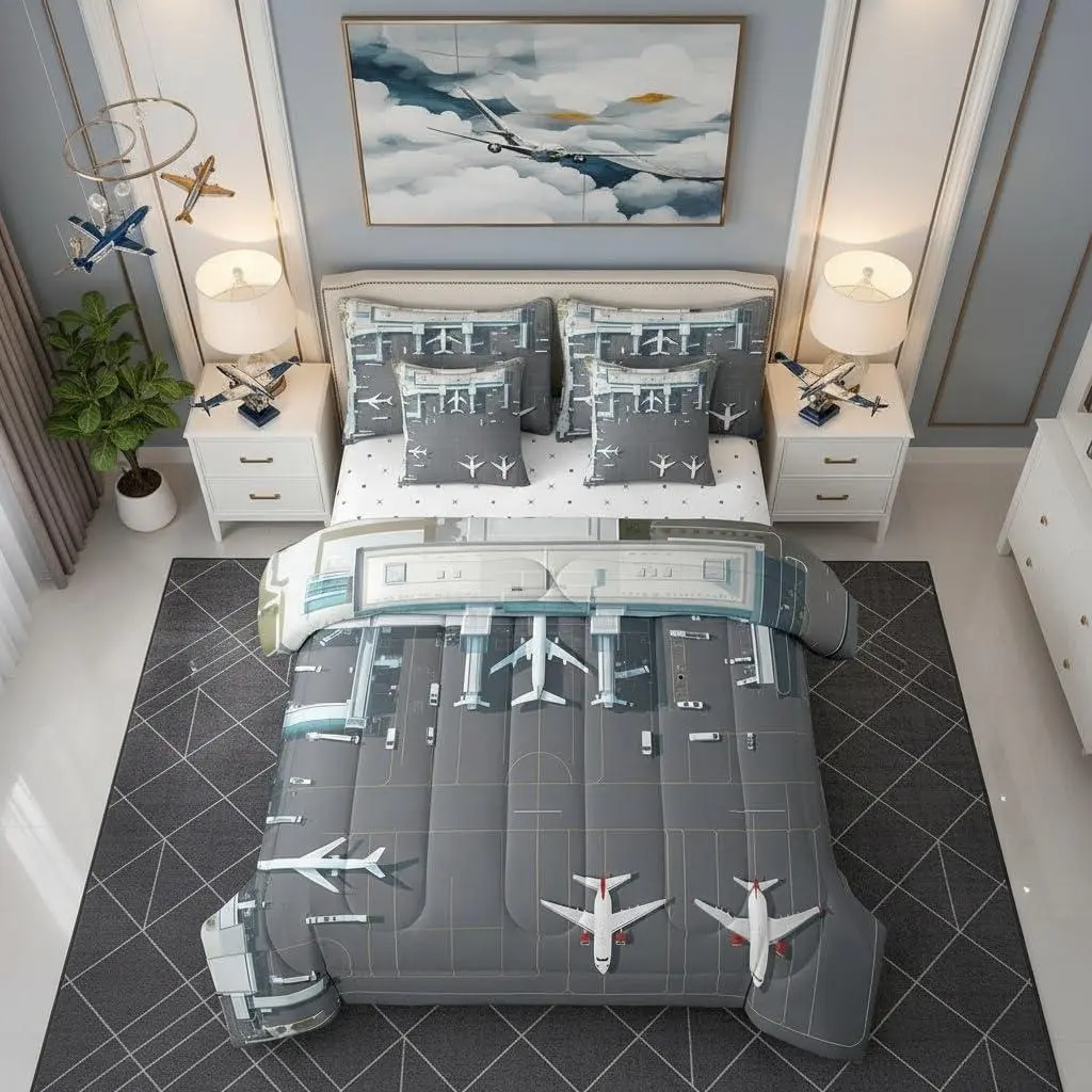 Airplane Bedding Set 7 Pieces,Airport Runway Comforter Sets,Aircraft All Season Bedding Comforter Sets with 1 Comforter,2 Pillowcases,2 Pillow Covers,1 Flat Sheet,1 Fitted Sheet