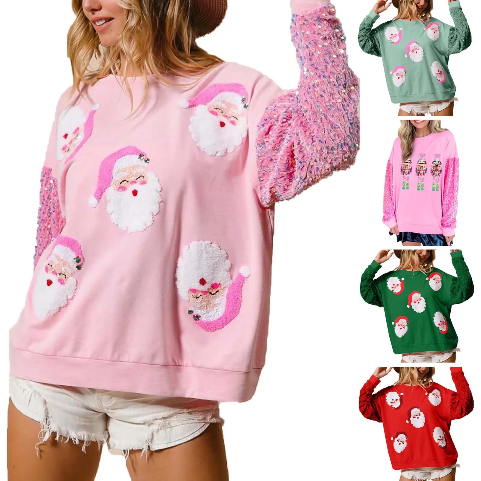Women's Christmas Sequins Hoodie, Glitter Patch Thin Knitwear, Long Sleeves Crewneck Pullover Top, Cute Santa Printed Style, Lightweight Fall Winter Outerwear - Womenswear, Comfortable, Casual, Round Neck, Clothes, Women's Clothes
