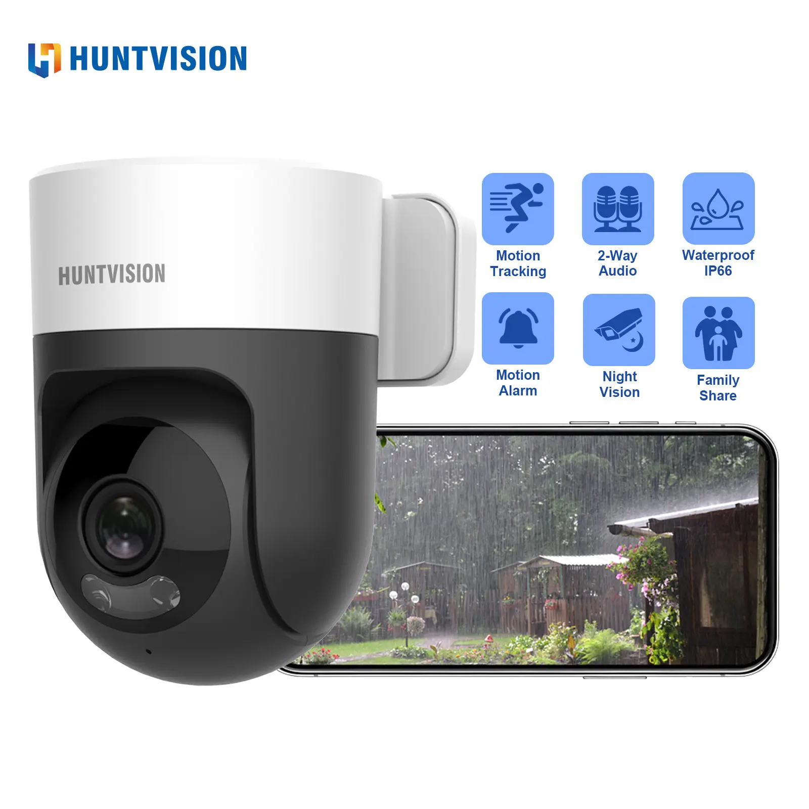 HUNTVISION  IP66 Waterproof Outdoor Waterproof WiFi Security Camera, 360° Panoramic Dome Camera, Auto Tracking AI Human Detection, Day/Night Full Color, Two-Way Audio, 100° Vertical Surveillance