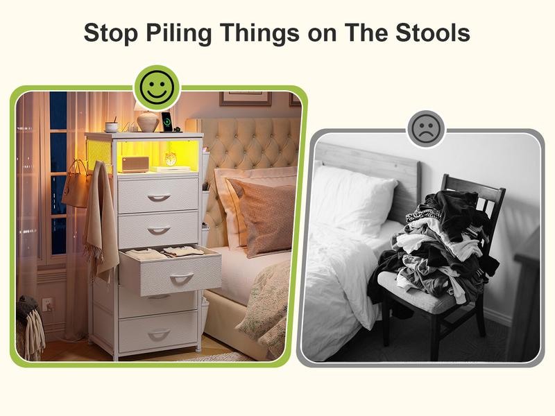 [with Free Gifts] Raybee LED Nightstand with Charging Station, Set of 1-2 Side Table with 5 Dresser Drawers, Tall LED Nightstands with USB Ports & Outlets, White End Table with Side Bag & Storage Shelf, Bedroom Furniture, Cabinet