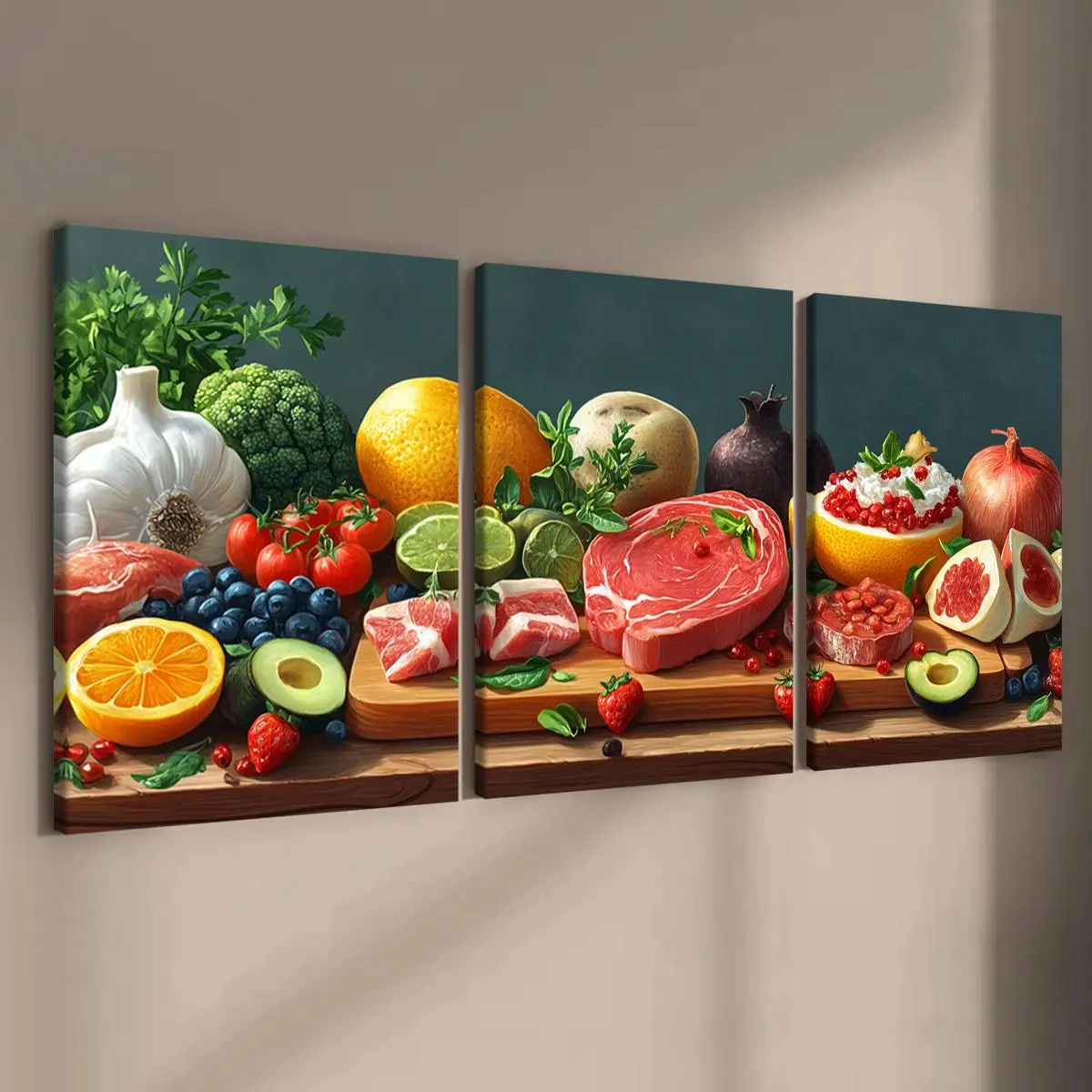 Food Pattern Canvas Painting Framed, 3 Counts/set Wooden Framed Fresh Fruit Food Pattern Wall Art, Aesthetic Wall Decor for Home Living Room Bedroom Dining Room Above Bed Wall Decor