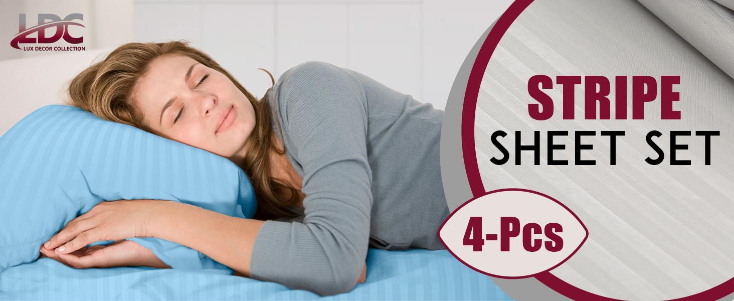 Lux Decor 4 Pc Striped Bed Sheets Set - Upto 16" Deep Pocket Soft Brushed Microfiber Bedding Set with Pillowcases - Fade & Stain Resistant Bedding Accessories - Bedding Supplies - Decorative Bedsheet - Bedding Supplies - All Season Bed Sheet Sets