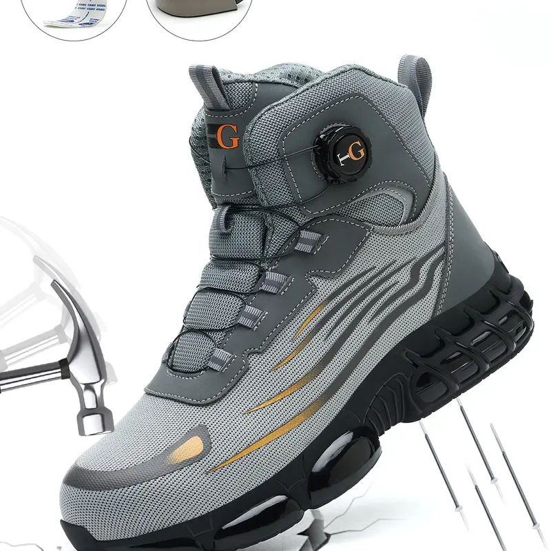 MELLOWMILES Men's Black Mid-Cut Steel Toe Work Footwear - Lace-Free Rotary Buckle, Puncture-Proof, Smash-Proof, Non-Slip, Cushioned TPU Round Toe Safety Shoes, Lightweight Shock-Absorbing Fabric, Fashion Construction Warehouse Use, Fathersdaygift for Men,