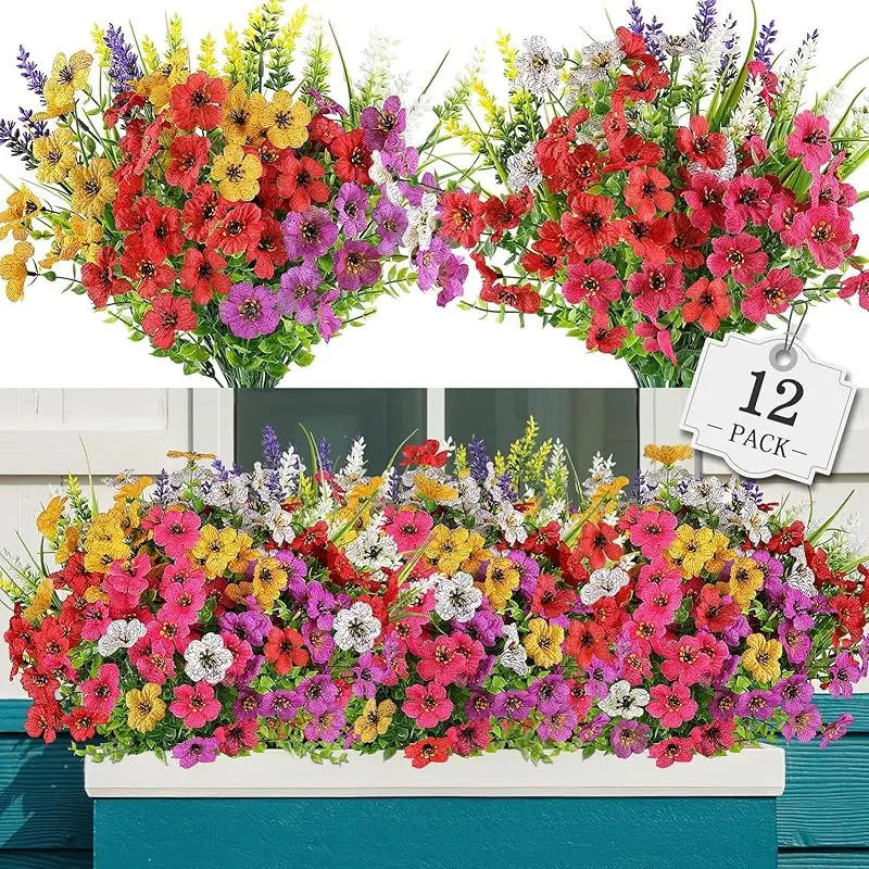 2 Bundles 24-Fork Artificial Flower Bouquet, No-Fade Fake Plastic Faux Plants for DIY Hanging Flowers, Garden Decorations, Decoration Items (Indoor Home, Outdoor Garden Use)