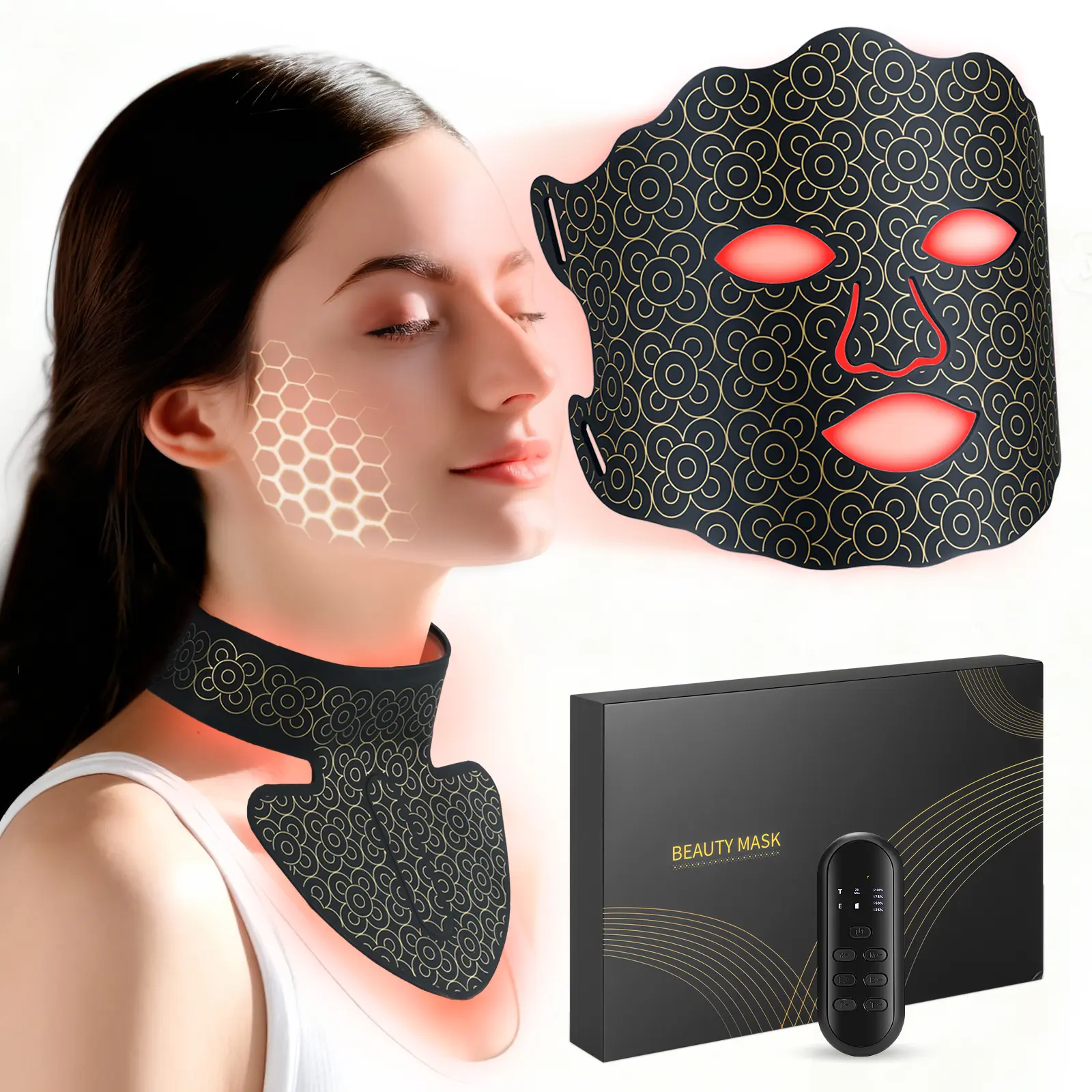 7-Color LED Red Light Therapy Facial Mask for Face & Neck, Silicone Rechargeable USB-Charge Controller, Adjustable Brightness, Auto Shut Off Timer, Portable Home Skin Care Beauty Device