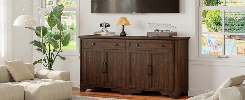 【Valentine's Day Gift】ONBRILL 63" Sideboard Buffet Cabinet, Kitchen Buffet Storage Cabinet, Large Credenza with Drawers & Doors, Wood Coffee Bar Console Wine Bar for Living Room Hallway