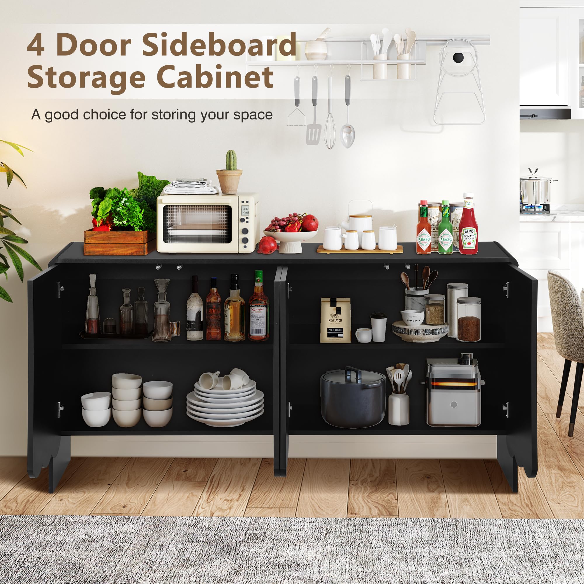 Giratree Sideboard Buffet Cabinet, Accent Storage Cabinet with 4 Doors, Farmhouse Wood Cabinet with Adjustable Shelves and Wave Panel for Living Room, Dining Room, Entry