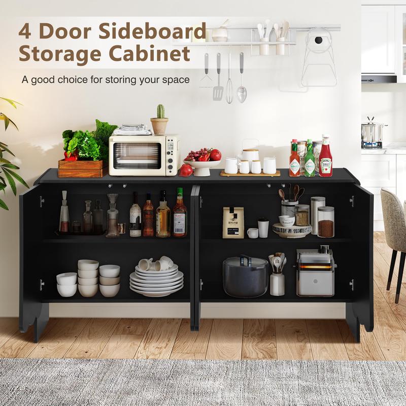 Giratree Sideboard Buffet Cabinet, Accent Storage Cabinet with 4 Doors, Farmhouse Wood Cabinet with Adjustable Shelves and Wave Panel for Living Room, Dining Room, Entry