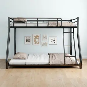 Twin Over Full Metal Bunk Bed Heavy Duty Sturdy Frame with Removable Stairs 12" Under-Bed Storage Platform No Box Spring Needed for Bedroom Dorm Small Space Home Furniture bedframe rustic
