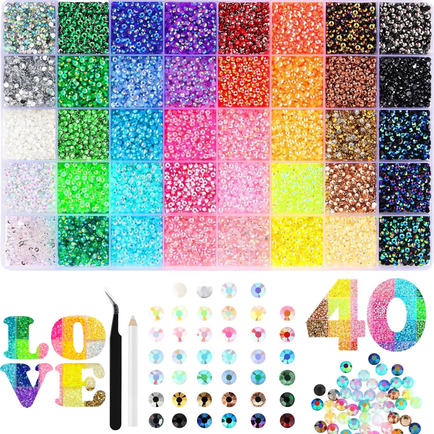 DIY Resin Rhinestones Kit - 24/40 Grid Cute Glam Flat Back Gems, Colorful Rhinestone Decor Charm for Nail Art Crafts, Bedazzling Diy Kits