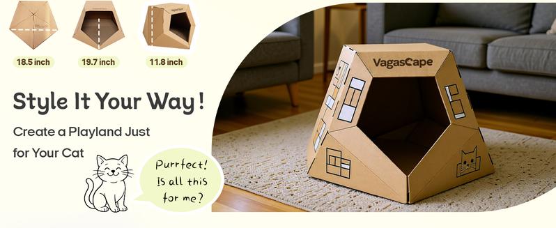 Vagascape DIY Cat House, DIY Origami Hand-Painted Cat House, Scratch-Resistant Kraft Paper Material, Foldable Washable Pet House, Ped Bedding, A Special Gift Just for Your Pet