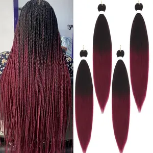 28inch Burgundy Ombre Braiding Hair Pre Stretched 4pcs/pack Black To Dark Red Braiding Hair Extensions Hot Water Setting Styles(1B/Bug)