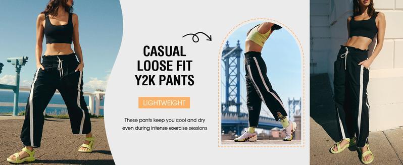 Naeduo Women's Baggy Wide Leg Pants Casual Drawstring Elastic Waist Contrast Color Workout Y2K Track Pants Striped Sports Bottoms All Seasons Lightweight Parachute Fabric for Hyrox