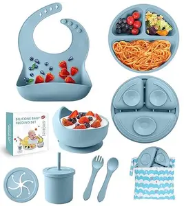 Silicone Baby Feeding Set for Baby Led Weaning Includes Suction Bowls Divided Plates Adjustable Bib Utensils Spoons Forks Cup Essential Feeding Kit
