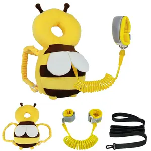 Baby Head Protector Backpack with Toddler Leash, Anti Lost Wrist Link, Adjustable Toddler Head Protection Backpack, 3 in 1 Cute Baby Fall Back Head Protector for Crawling Walking Gifts(Yellow Bee)