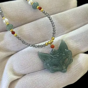 Natural Translucent Green Jade Jadeite Carved 'FOX MASK' Pendant, Free Beaded Choker Necklace