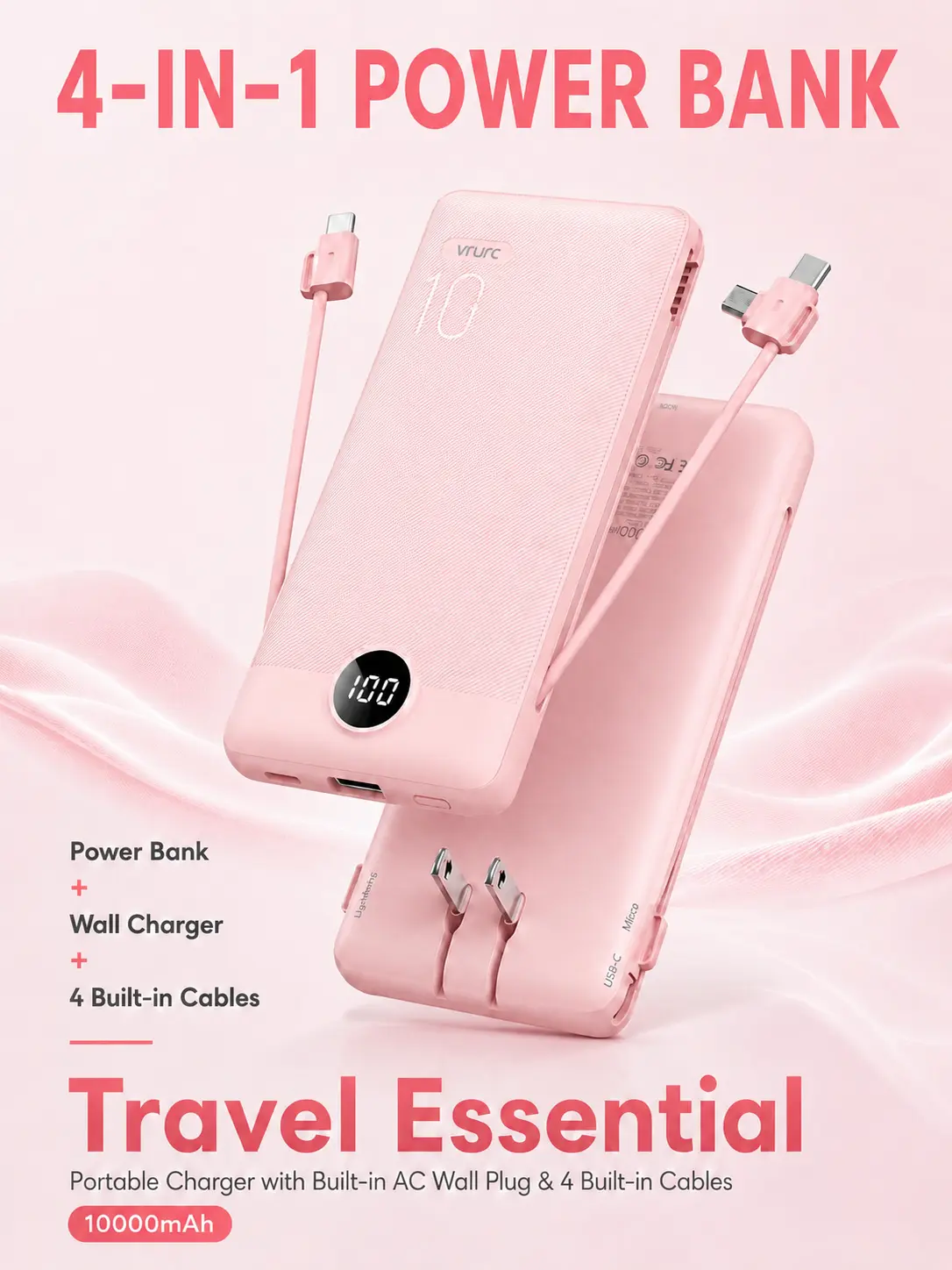 Travel Essential All-in-One Power Bank with Built-in AC Wall Plug & 4 Cables, 10000mAh Portable Charger for iPhone, Samsung & Android
