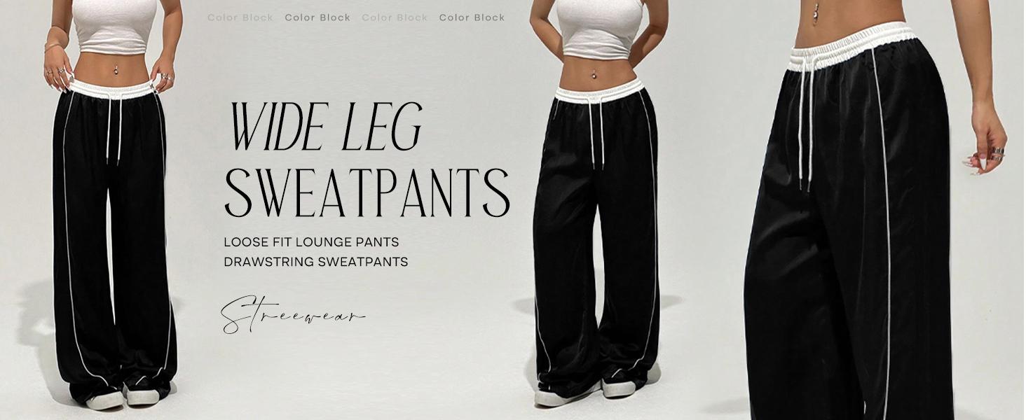 WoodBerry Women's Wide Leg Sweatpants Baggy Y2K Parachute Pants Slouchy Drawstring Belt Spring Summer Jogger Loose Track Pants with Pockets