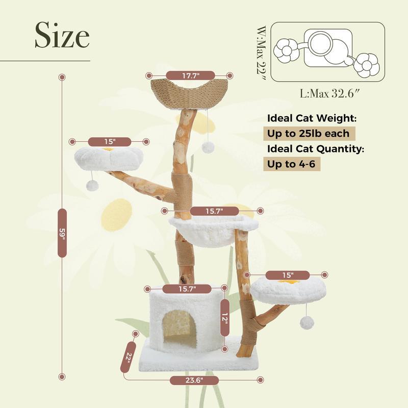 [Christmas Gift]59-Inch Modern Luxury Wood Cat Tree, Natural Wood, Condo& Hammock, Flower Design for Indoor Cats, White,New Year, Holiday