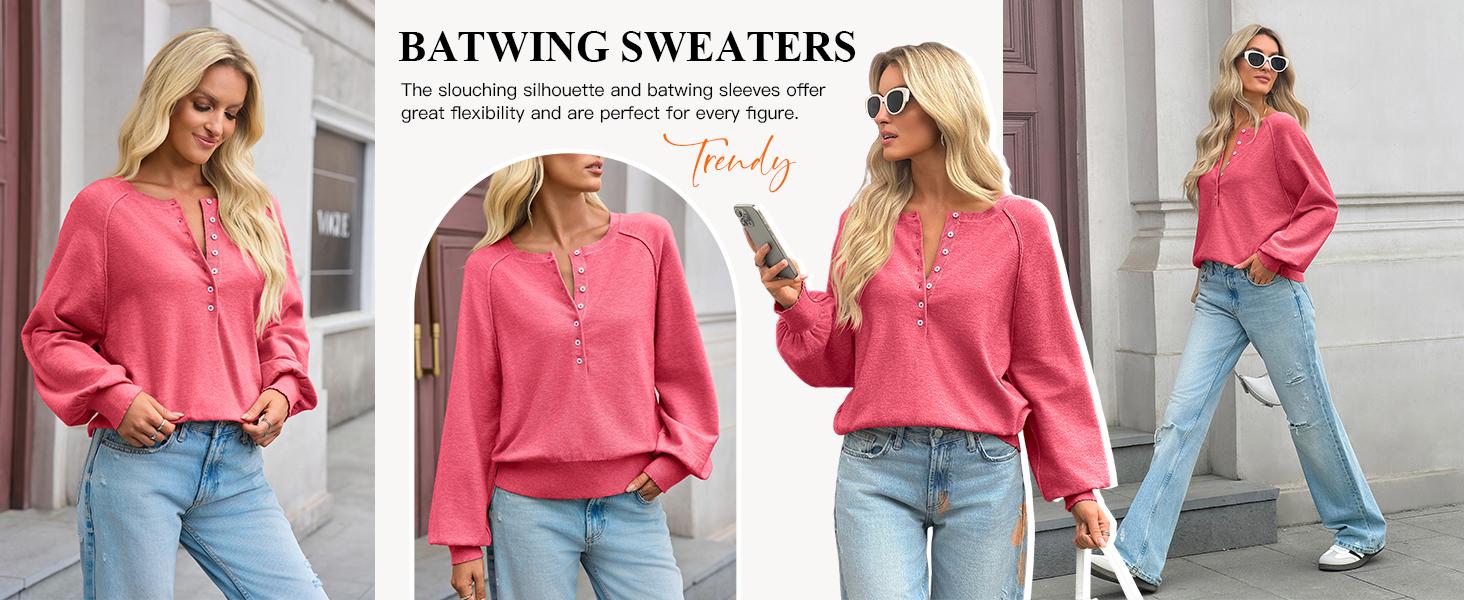 SCUSTY Womens Long Sleeve Knitting Sweater Tops Half Button Sweaters Henley Neckline Casual Lightweight Solid Pullover Knitting Knitting