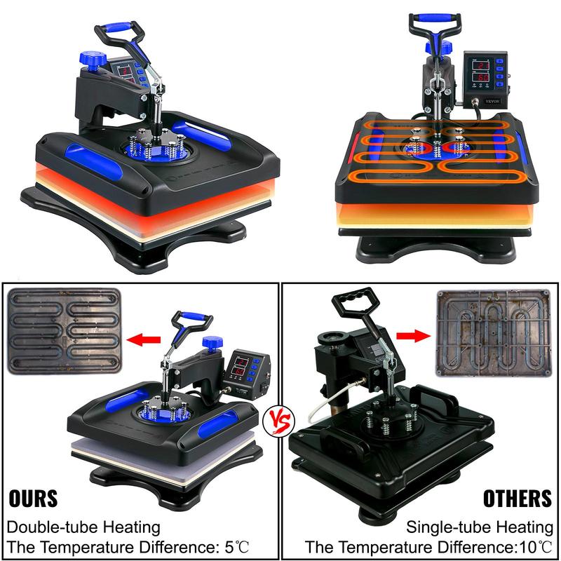 VEVOR Heat Press Machine 15 x 15 Inch 8 in 1 Heat Press 800W Sublimation Machine 360° Rotation Swing Away 8 in 1 Shirt Printing Machine Dual-Tube Heating for DIY T-Shirts Cap & Mugs Blue