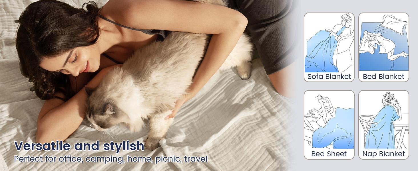 PHF Cooling Muslin King Blanket for Hot Sleepers, 60% Rayon Derived from Bamboo, 40% Cotton for Summer, 4-Layer Breathable Lightweight Gauze Blanket for Bed Couch