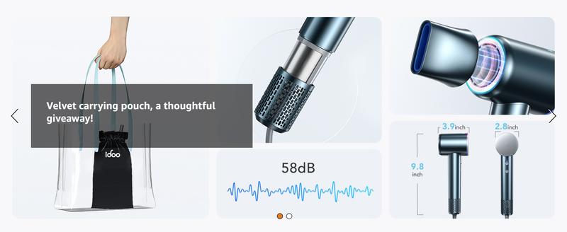 iDOO Salon-Grade Hair Dryer,Christmasgift - 200M Ion Technology & Smart Hot-Cold Air​ ​Frizz-Reducing Blow Dryer w/ Self-Clean Motor | Curly Hair Essential