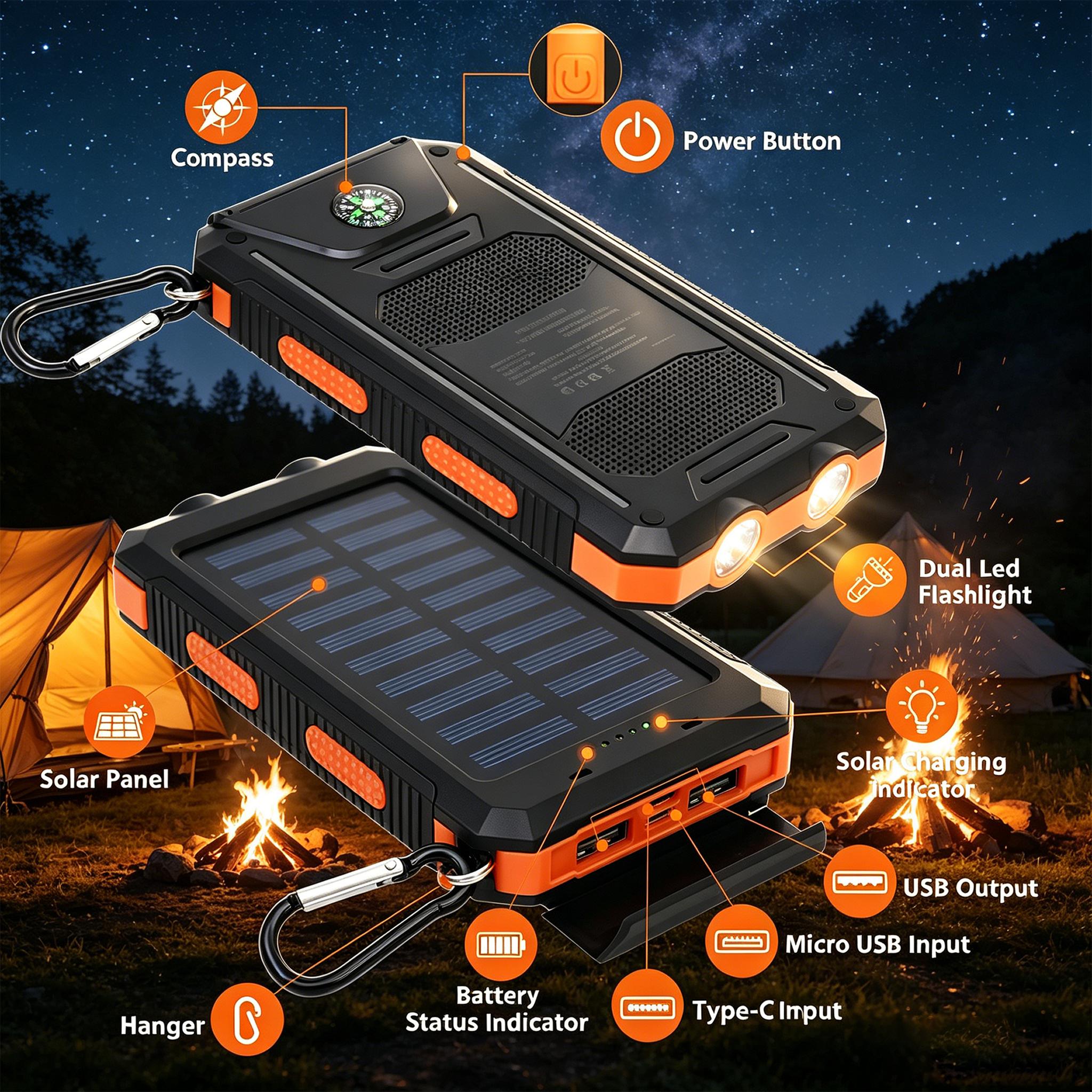 20000mAh Portable Solar Charger Emergency Power Bank (Phone Accessories, EDC Gear, Everyday Carry) - Dual USB-A Output, LED Flashlight, Waterproof Outdoor Design with Compass, Clip, Carabiner, Battery Anxiety Solutions (TikTok Shop Back to School),sohochi 20000mAh Portable Solar Charger Emergency Power Bank (Phone Accessories, EDC Gear, Everyday Carry) - Dual USB-A Output, LED Flashlight, Waterproof Outdoor Design with Compass, Clip, Carabiner, Battery Anxiety Solutions (TikTok Shop Back to School),sohochi