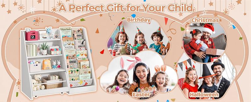 IRONCK 42 Inch Kids Bookshelf and Toy Storage, 4 Tier Toddler Bookshelf with Movable Drawer 5 Sling Pockets, Montessori Book Shelf for Kids Room, Playroom, Nursery-White