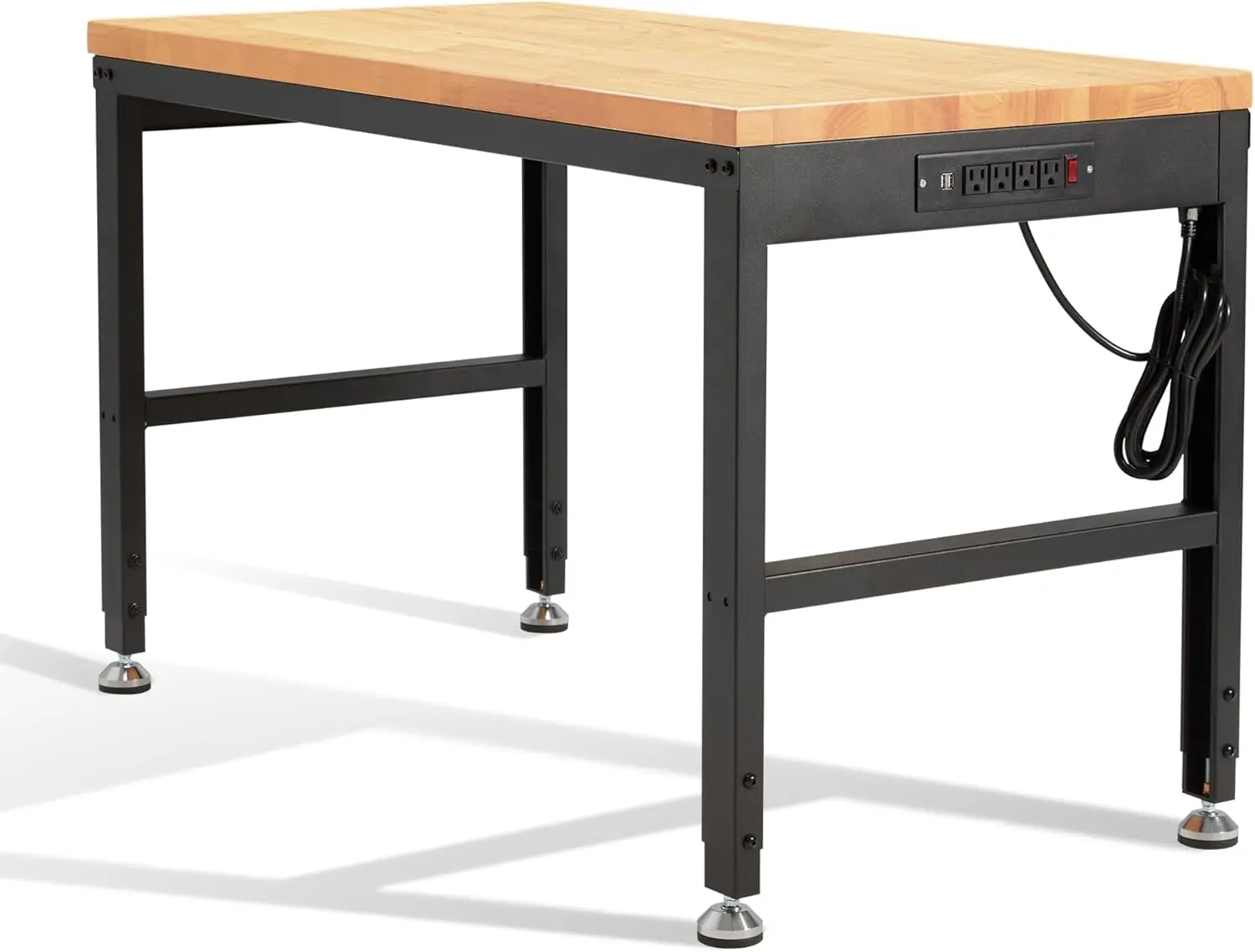 Height Adjustable Heavy-Duty Workbench - 48"x24" Rectangular Rubberwood Desktop, 2000 Lbs Capacity, Durable Metal Frame, Built-In Power Outlets, Smooth Finish, Assembly Required, High Durability Tables for Garage, Office, Heavy Duty Worktables, Sturdy