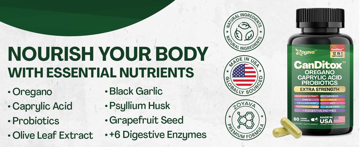 Zoyava CanDitox Supplement - Candida Cleanse All-in-One Supplement for Gut and Colon Support with 12+ Extra Strength Ingredients, 60 Capsules, MADE IN USA