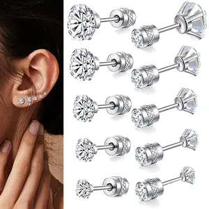 5 Pairs Screw Back Stud Earrings,Hypoallergenic Stainless Steel Cubic Zirconia Double Sided Ear Ringing for Women Men Cartilage Tragus Earring 2-6mm